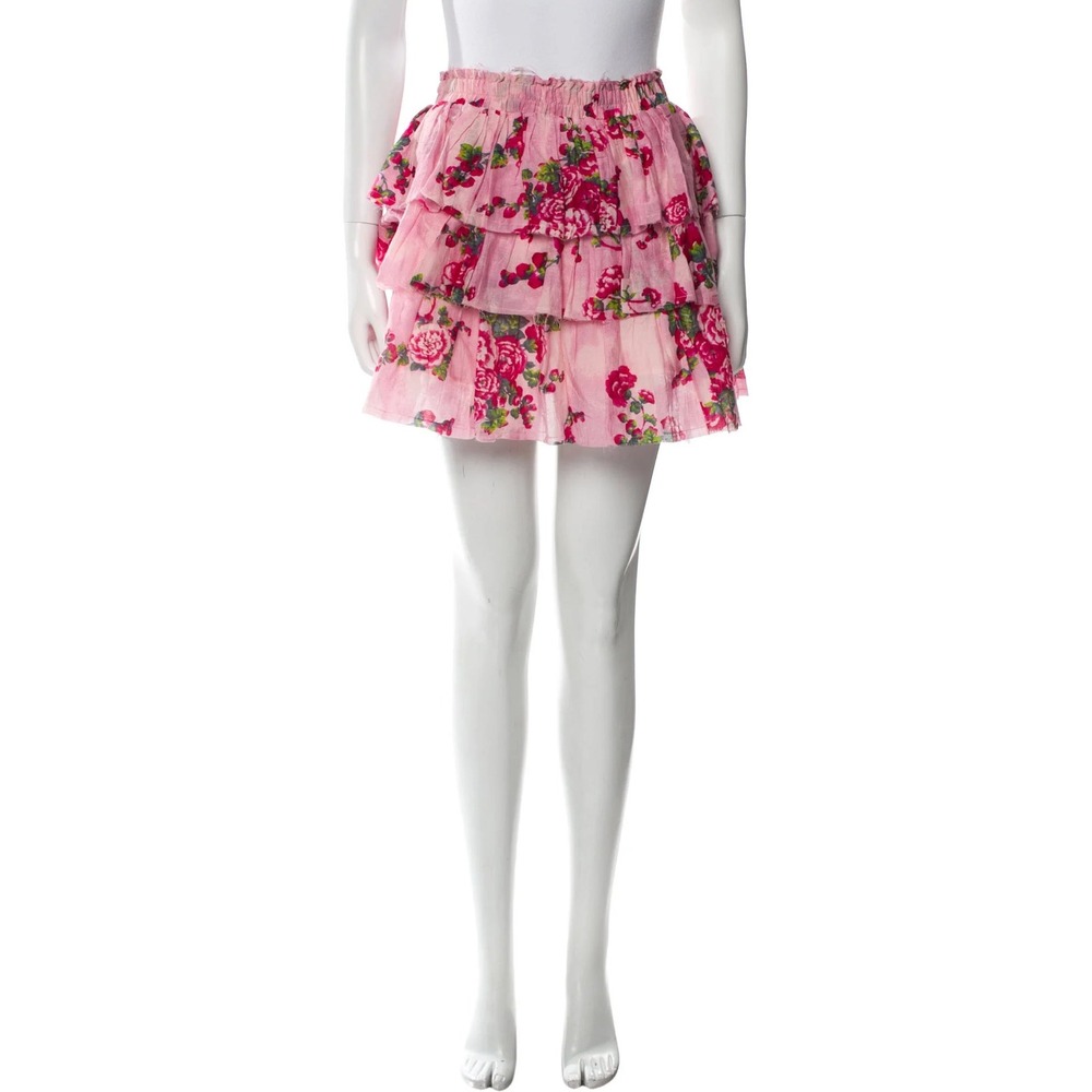 LoveShackFancy Pink Floral Ruffle Mini Skirt Cotton Silk XL